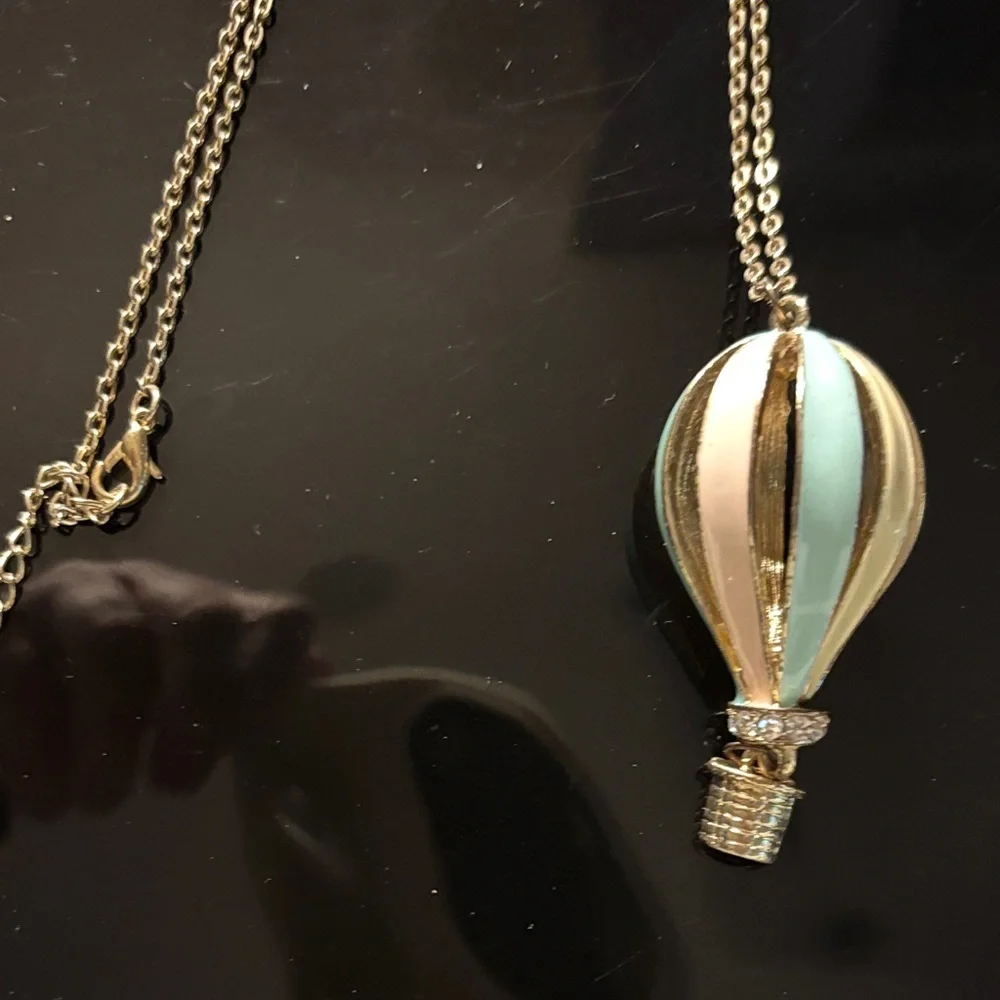 Vintage Gold and light green light pink Hot Air Balloon Necklace - Picture 2 of 7